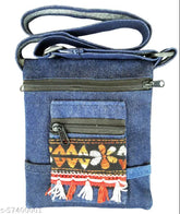 Denim crossbody 2-fold sling messenger bag, free size (8.5x7), durable fabric, 4 compartments, embroidered patchwork